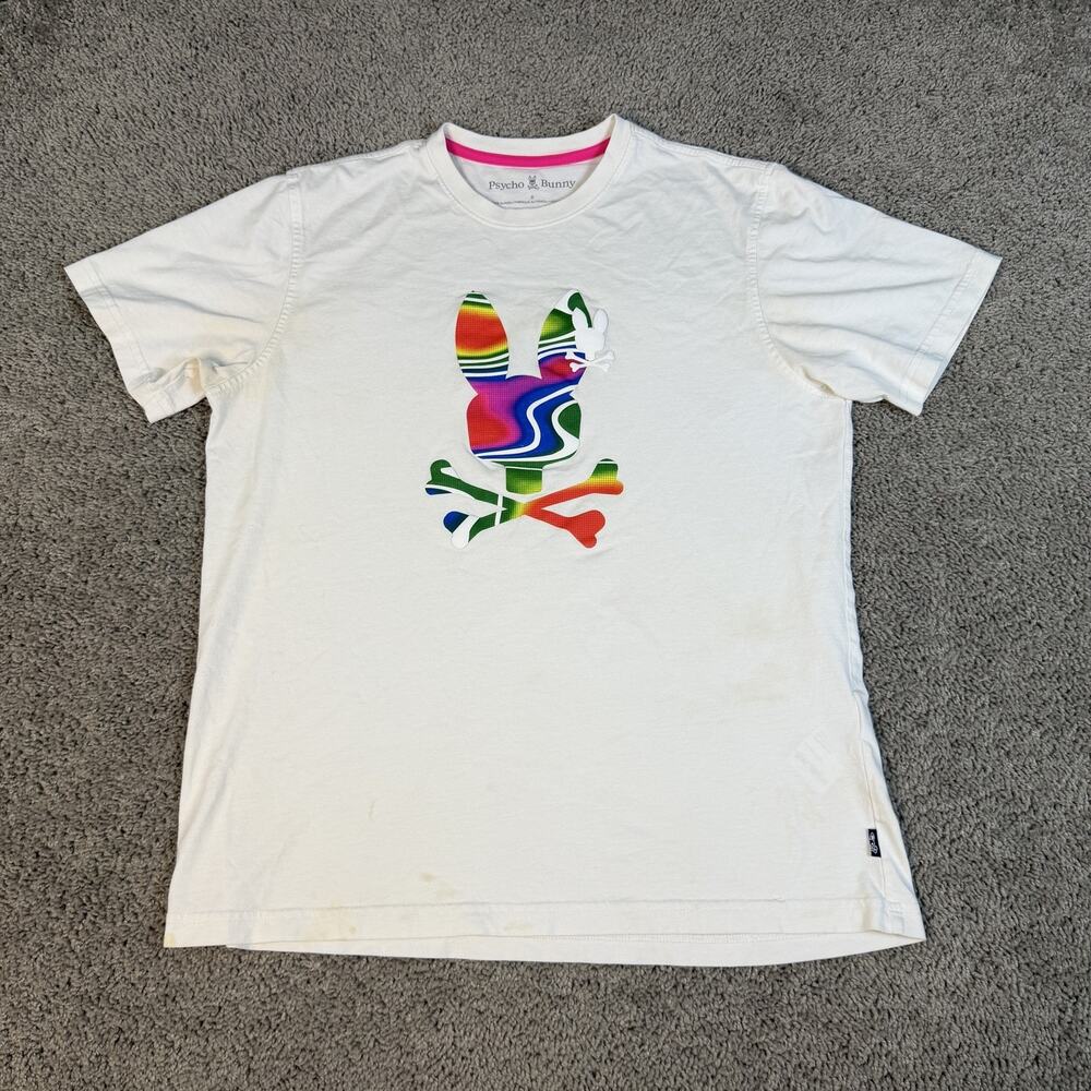 Psycho Bunny Shirt Mens L White Rainbow Logo Crew Neck Cotton Regular Fit